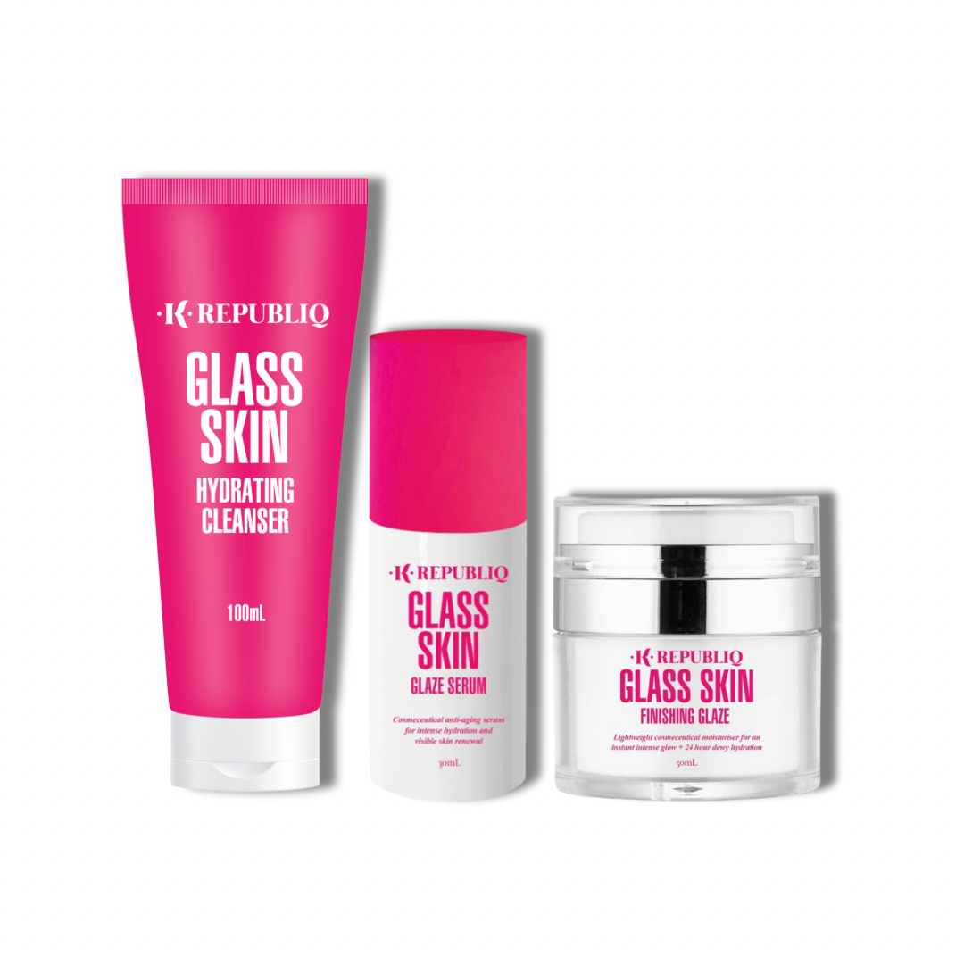 Three separate skincare products from K Republiq, including a hydrating cleanser, a glaze serum, and a finishing glaze, each packaged in bold pink and white containers.