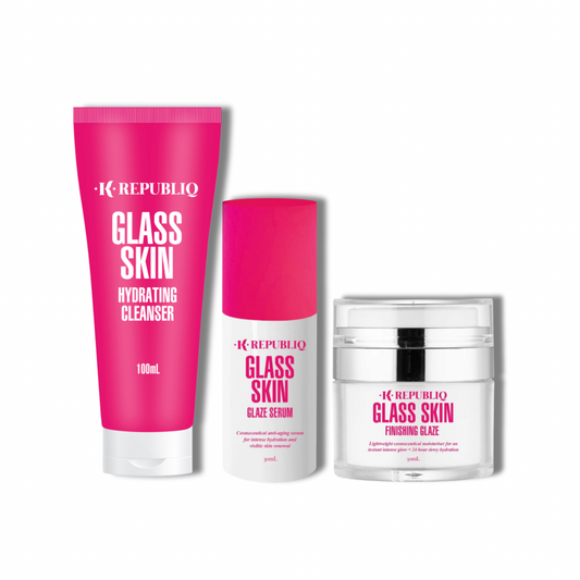 Three separate skincare products from K Republiq, including a hydrating cleanser, a glaze serum, and a finishing glaze, each packaged in bold pink and white containers.