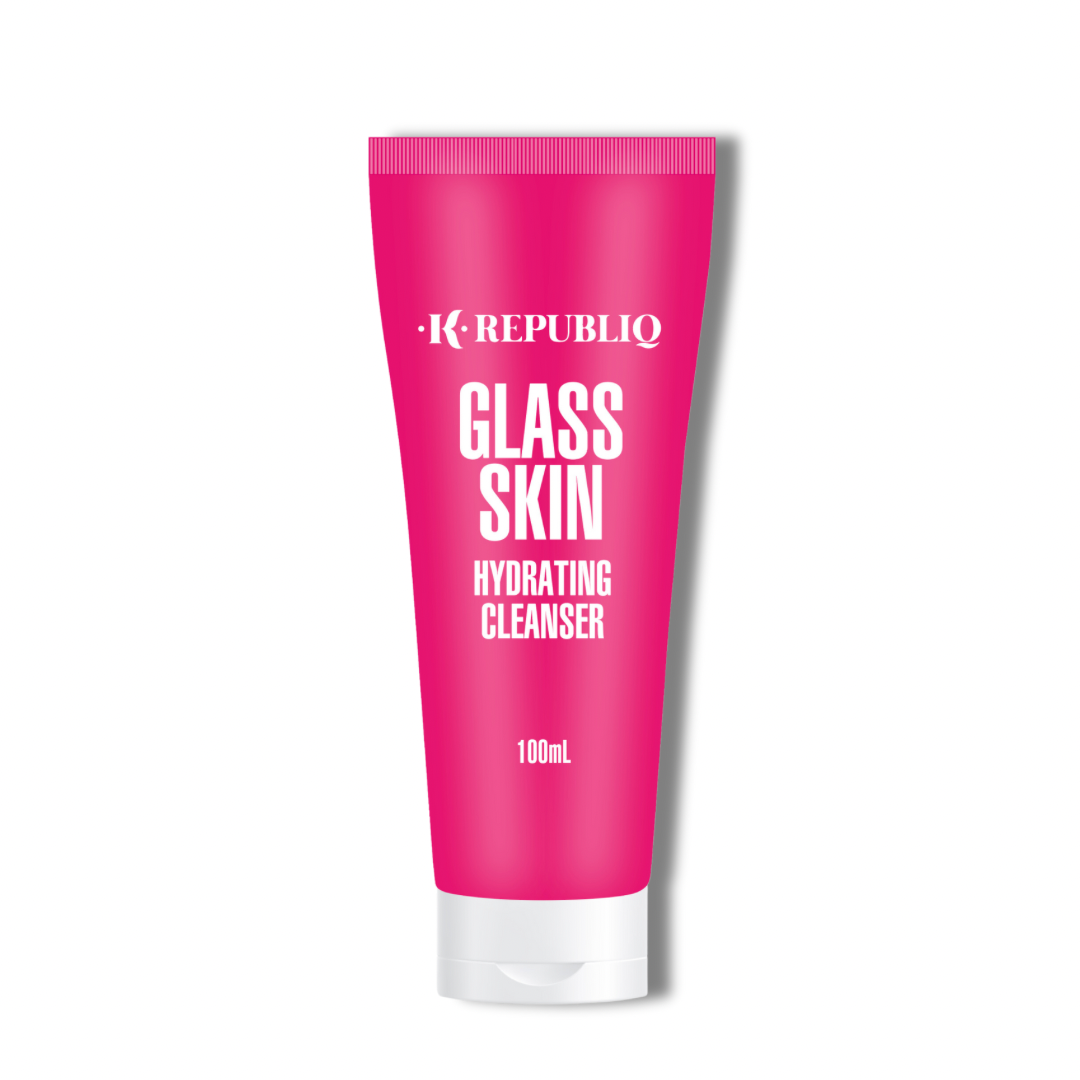 A pink tube of K Republiq Glass Skin Hydrating Cleanser, 100ml size, with white and silver text.
