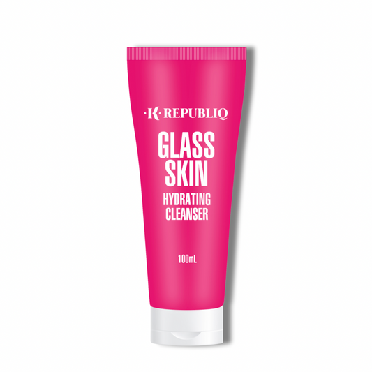 A pink tube of K Republiq Glass Skin Hydrating Cleanser, 100ml size, with white and silver text.