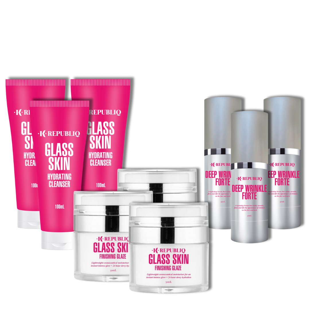 A set of skin care products from K Republic, including serums, a cleanser, and a finishing glaze, with packaging displaying the brand name and product information.