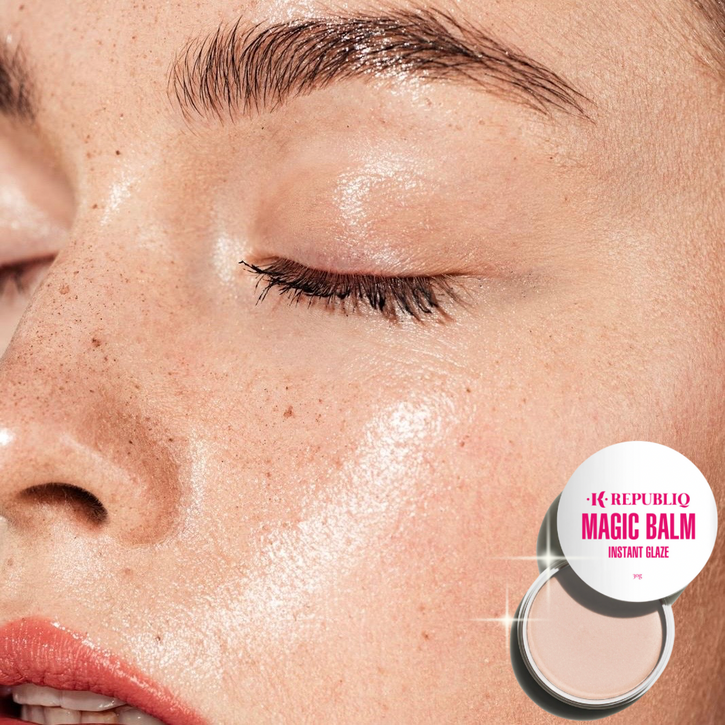 Close-up of glowing, dewy skin showing the effect of K Republiq Magic Balm Instant Glaze.