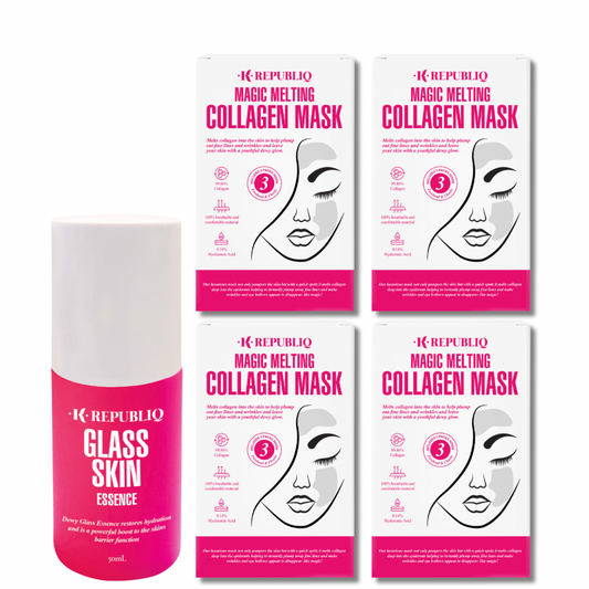 Four packs of Magic Melting Collagen Masks and one Glass Skin Essence bottle from K Republiq, featuring illustrated packaging of a woman with dewy, glowing skin.