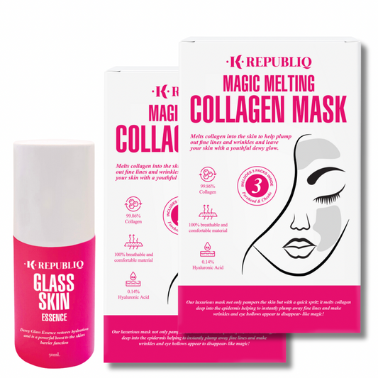 Two packs of K Republiq Magic Melting Collagen Mask and Glass Skin Essence with pink and white packaging featuring product illustrations and text.