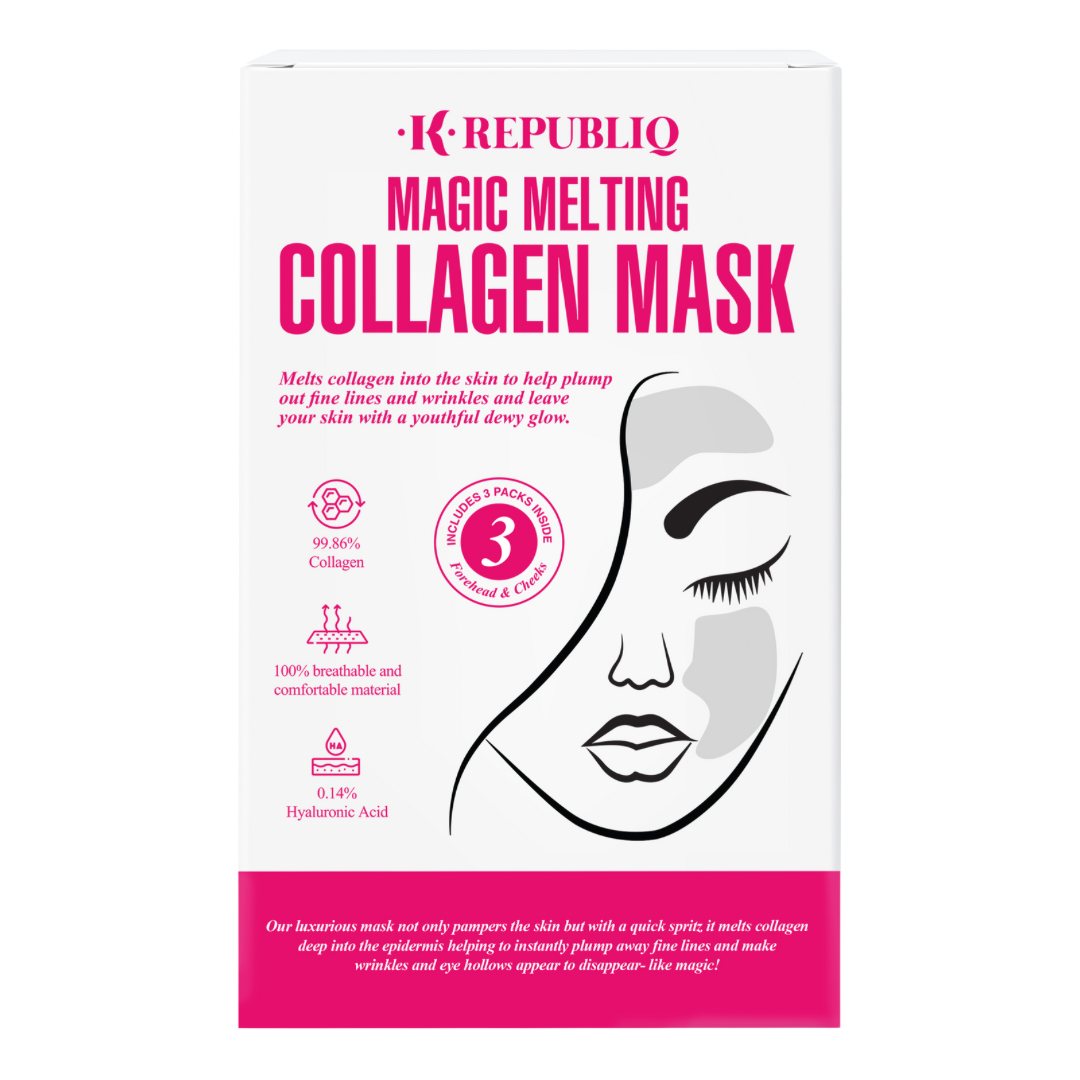 Packaging of K Republiq Magic Melting Collagen Mask with text describing the product benefits.