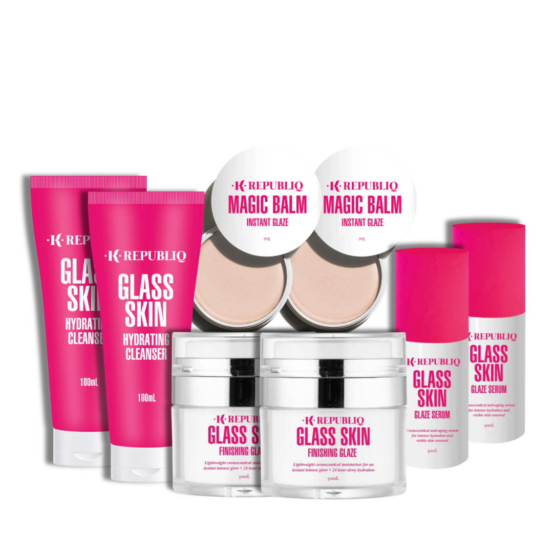 A set of K Republiq skincare products including hydrating cleanser, glaze serum, magic balm, and finishing glaze with labels, displayed against a white background.