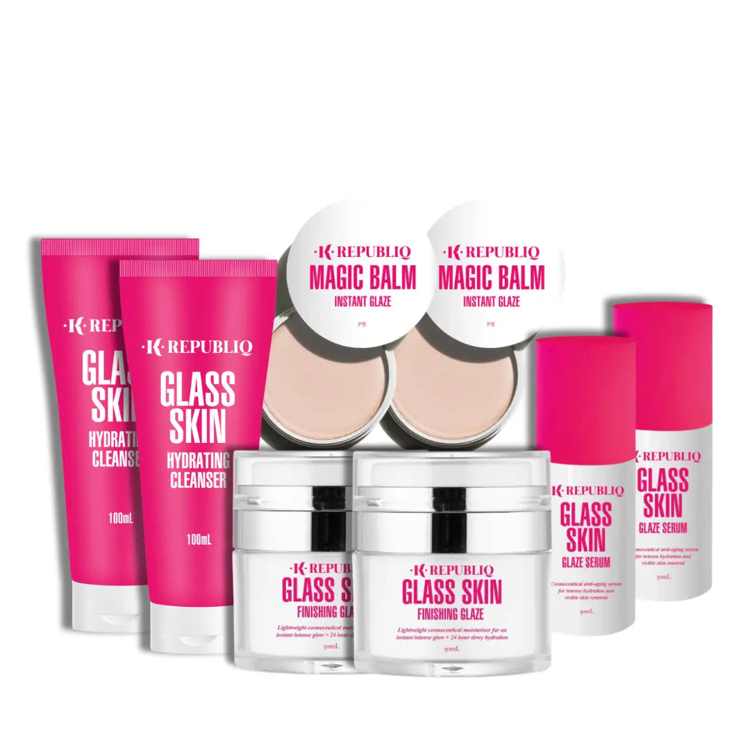 A set of K Republiq skincare products including hydrating cleanser, glaze serum, magic balm, and finishing glaze with labels, displayed against a white background.