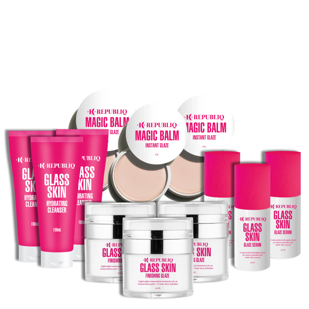 A collection of K Republiq skincare products including balms, cleansers, glaze serum, and moisturizers with pink packaging labeled 'Magic Balm' and 'Glass Skin'.