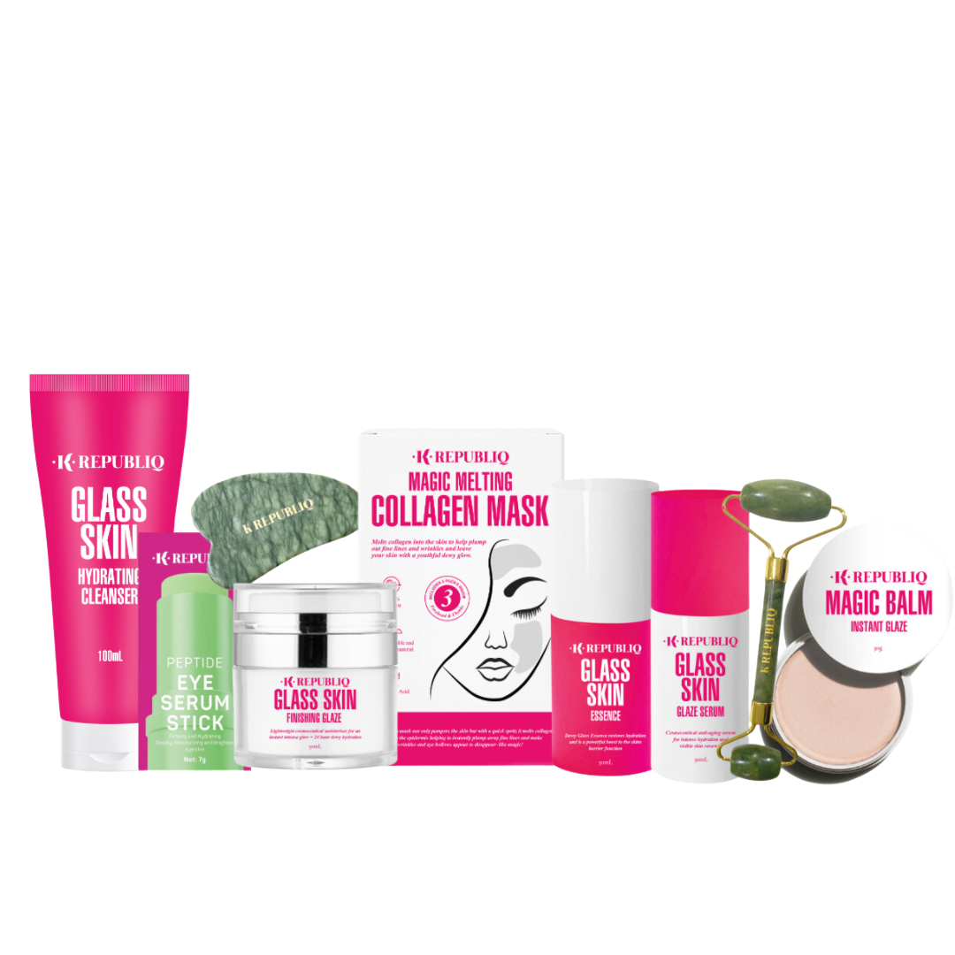 A collection of K Republiq skincare products including cleanser, face masks, balm, serum, essence, and roller tools, predominantly in pink packaging.