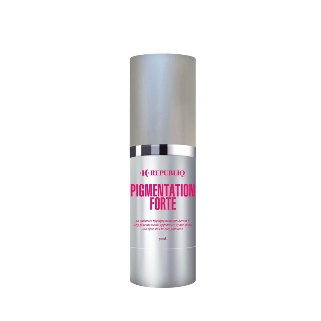 A bottle of K Republiq Pigmentation Forte Serum with a white and silver design and pink text.