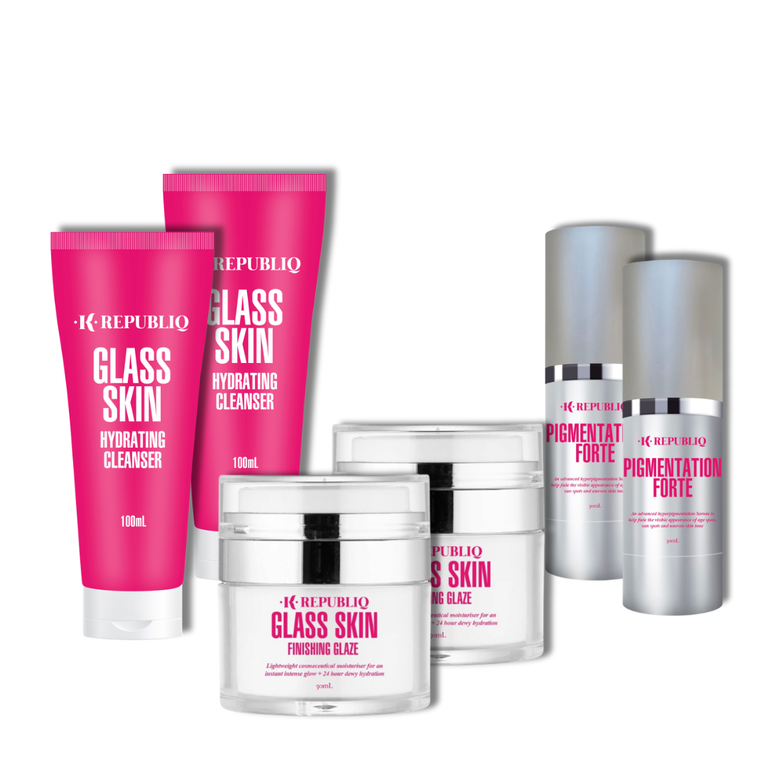 A set of skincare products from K Republiq including a hydrating cleanser, a rapid fade serum, and a glass skin finishing glaze, all packaged in pink and white containers.