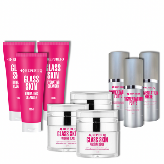 K Republiq Pigmentation Rapid Fade Regime 3-Month Set featuring hydrating cleansers, pigmentation fade serums, and glass skin finishing glazes in pink, silver, and white packaging.