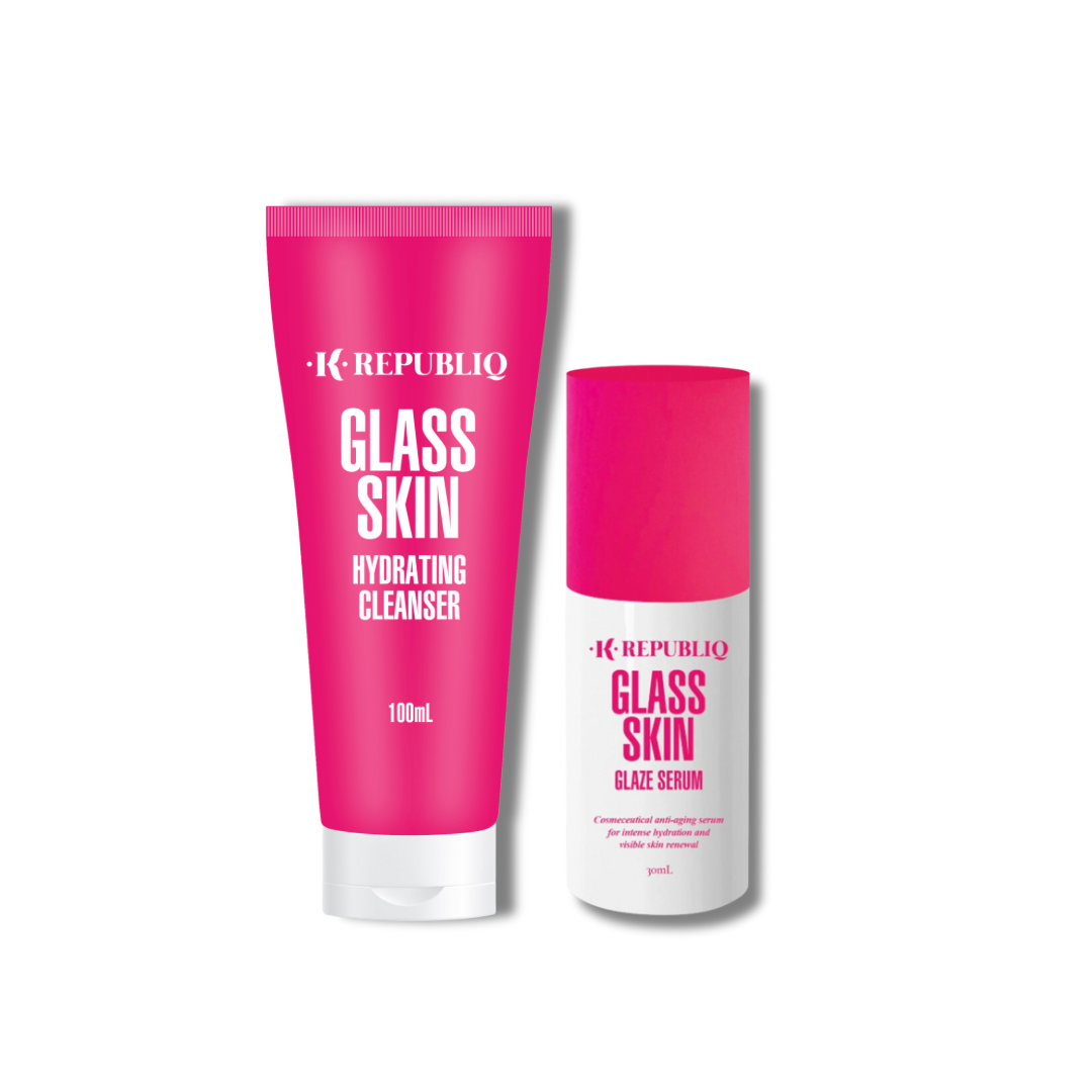 K Republiq Glass Skin Essential Duo featuring the Hydrating Cleanser and Glazing Serum in bright pink packaging.