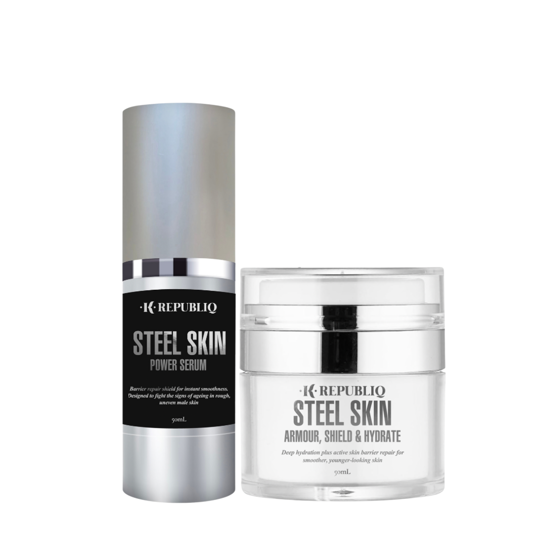 K Republiq Steel Skin Power Serum and Armour Shield & Hydrate Cream set, two men’s skincare products designed for hydration, barrier repair, and smoother, younger-looking skin.