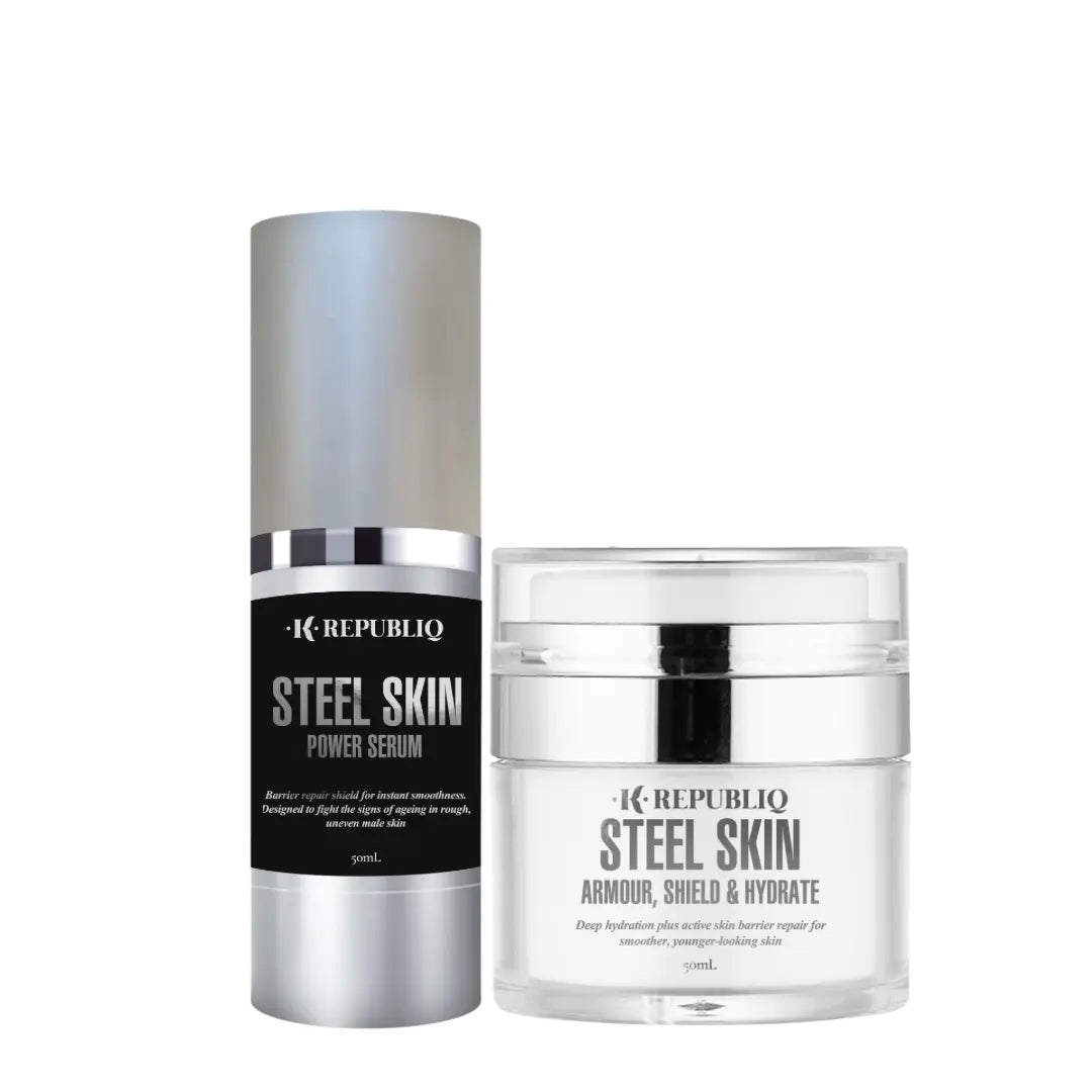 K Republiq Steel Skin Power Serum and Armour Shield & Hydrate Cream set, two menโs skincare products designed for hydration, barrier repair, and smoother, younger-looking skin.