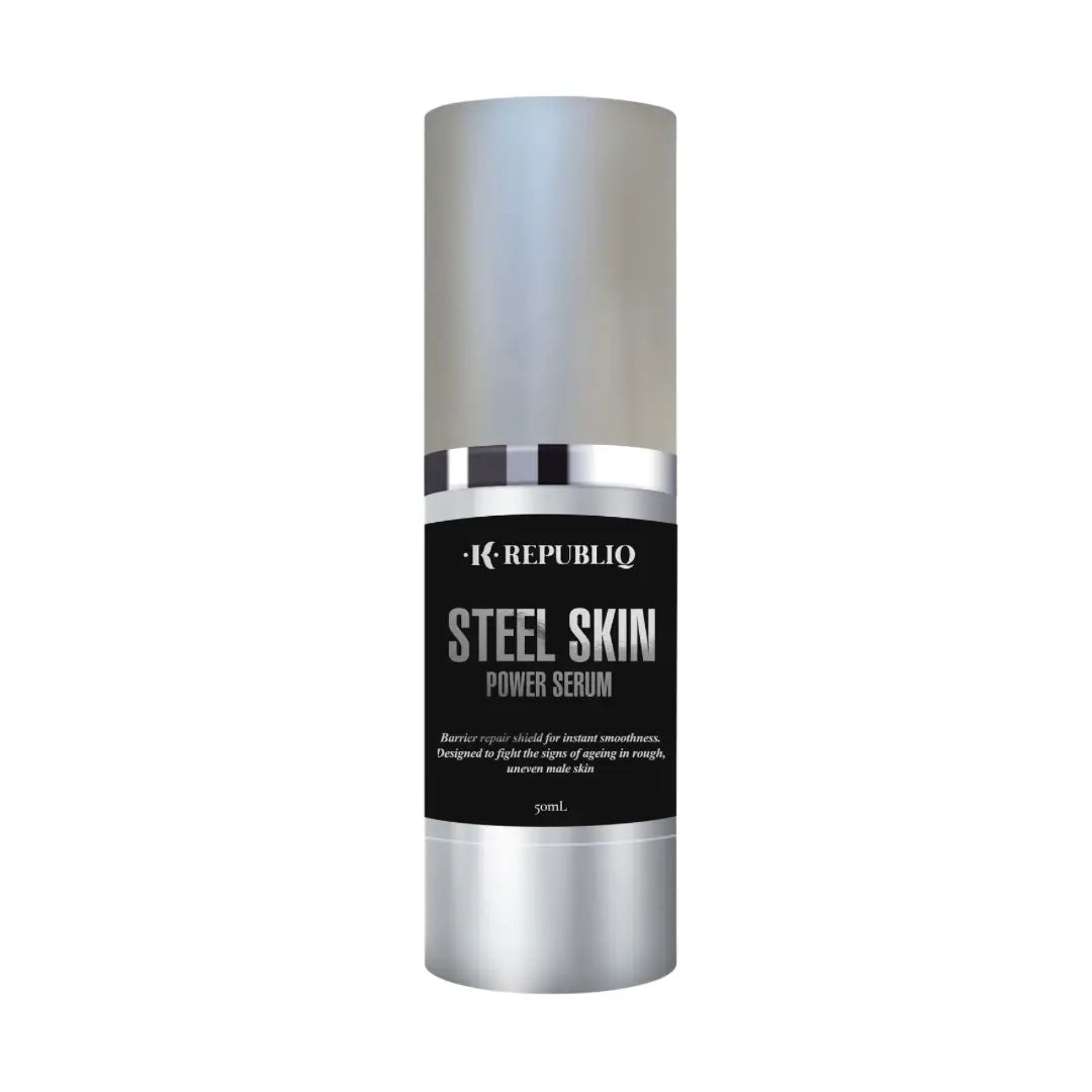 K Republiq Steel Skin Power Serum in a sleek silver bottle, designed to smooth and strengthen menโs skin barrier for a refined finish.