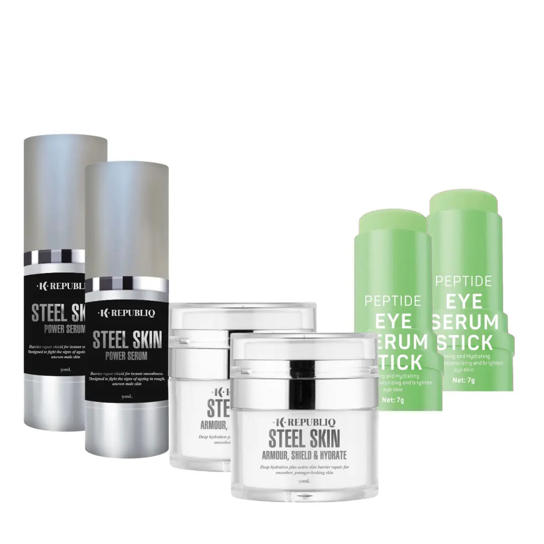 K Republiq 2-Month Steel Skin Kit featuring Power Serum, Armour Hydrating Cream, and Peptide Eye Serum Stick for menโs skincare and hydration.