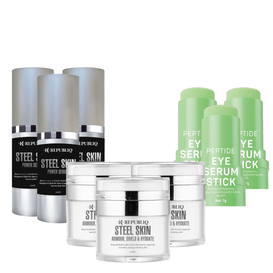 K Republiq 3-Month Steel Skin Kit featuring Power Serum, Armour Hydrating Cream, and Peptide Eye Serum Stick, a complete men’s skincare set for protection and long-lasting hydration.