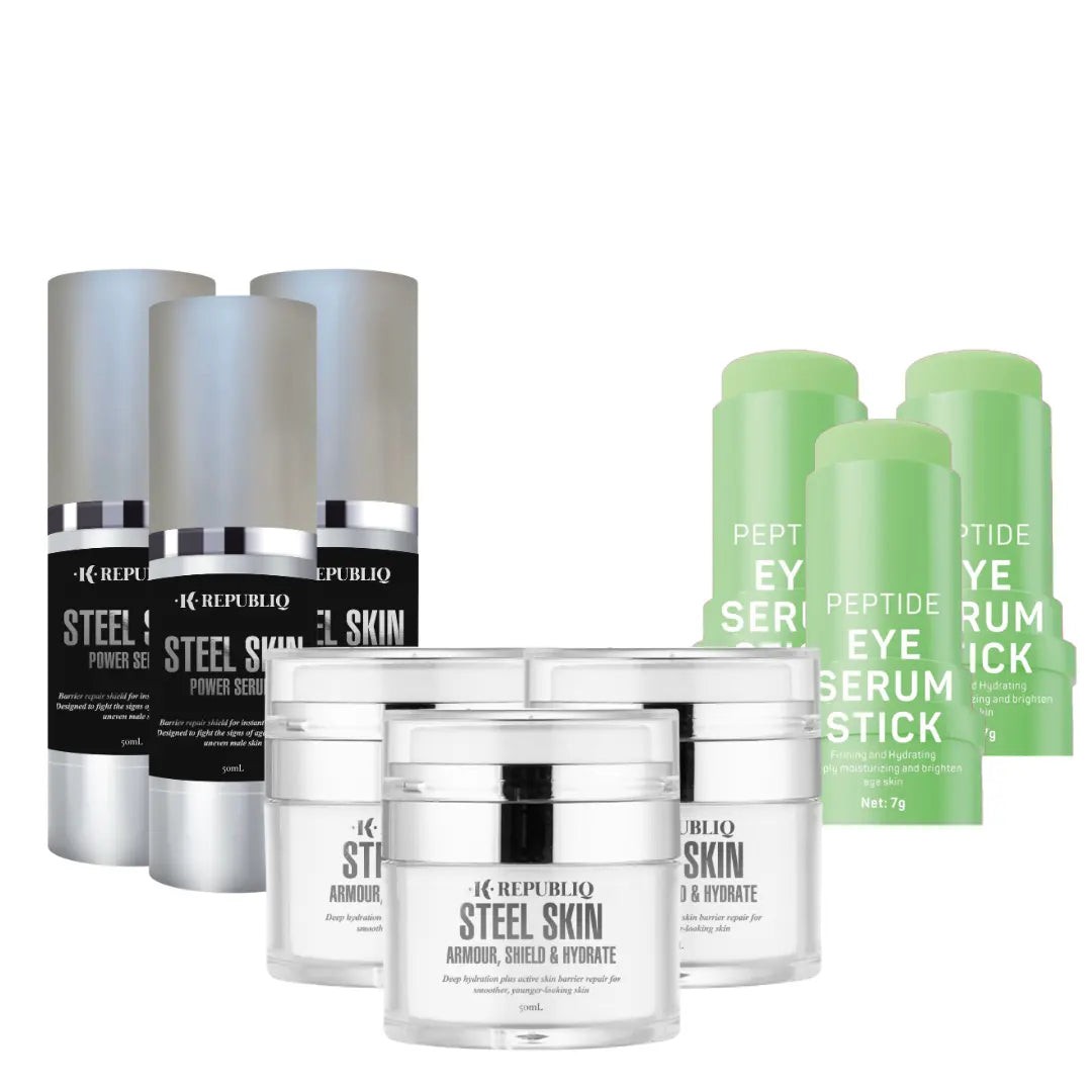 K Republiq 3-Month Steel Skin Kit featuring Power Serum, Armour Hydrating Cream, and Peptide Eye Serum Stick, a complete menโs skincare set for protection and long-lasting hydration.