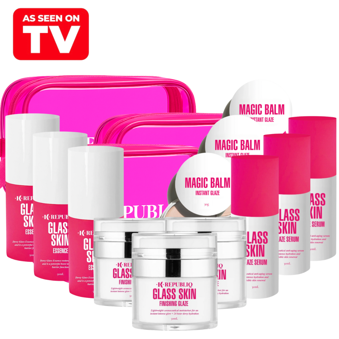 A collection of K Republiq skincare products including 'Glass Skin' and 'Magic Balm' branding, including jars and a pink pouch, on a white background.