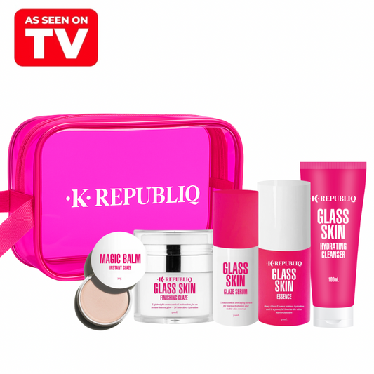K Republiq Glow Like Glass Kit TV Offer featuring skincare products in a pink bag labeled “As Seen on TV,” displayed on a white background.