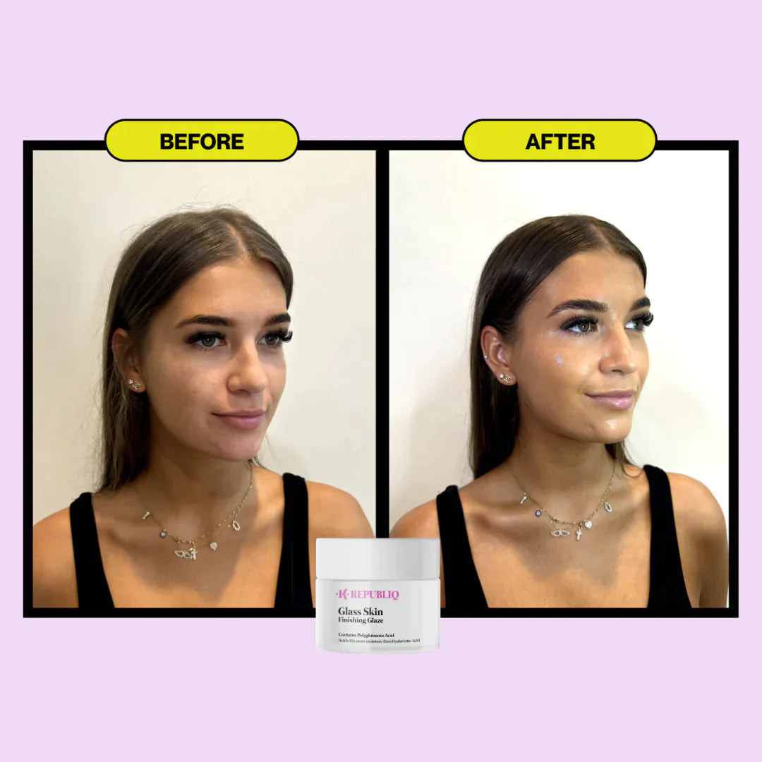 Before and after image of a woman showing radiant, glowing skin after using K REPUBLIQ Glass Skin Finishing Glaze moisturizer, with the product jar displayed at the center.