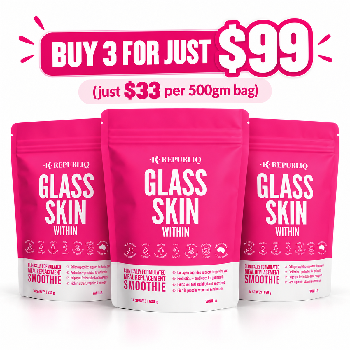 Buy 3 Glass Skin Within Collagen Meal Replacement Shakes 1500grms K Republiq