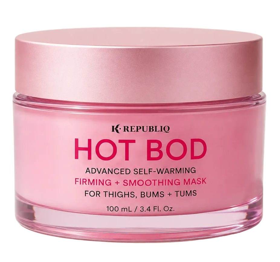 A pink cosmetic jar of K REPUBLIQ Hot Bod Firming + Smoothing Mask on a light beige background.