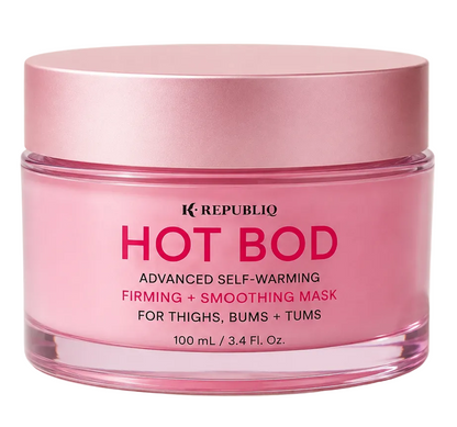 A pink cosmetic jar of K REPUBLIQ Hot Bod Firming + Smoothing Mask on a light beige background.
