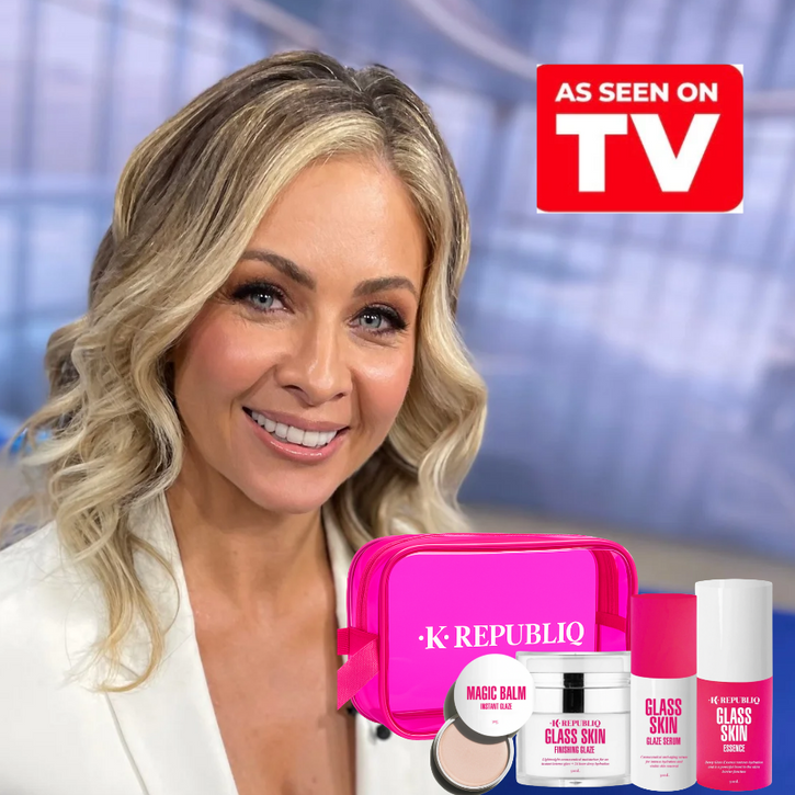 Woman with K Republiq skincare products and 'As Seen on TV' logo.