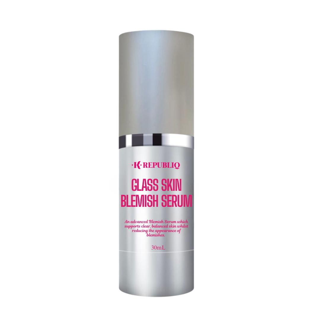 A silver cylindrical bottle with a pump dispenser labeled 'Glass Skin Blemish Serum' by K Republiq.