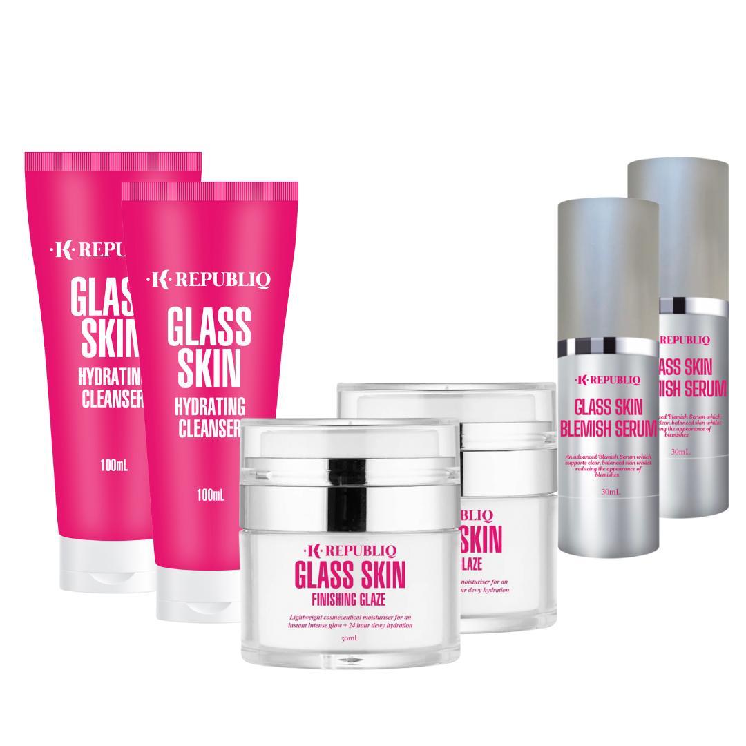 K Republiq Breakout Blemish 3-Step Kit 2-Month Set featuring a hydrating cleanser, blemish serum, and finishing glaze in pink and white packaging.