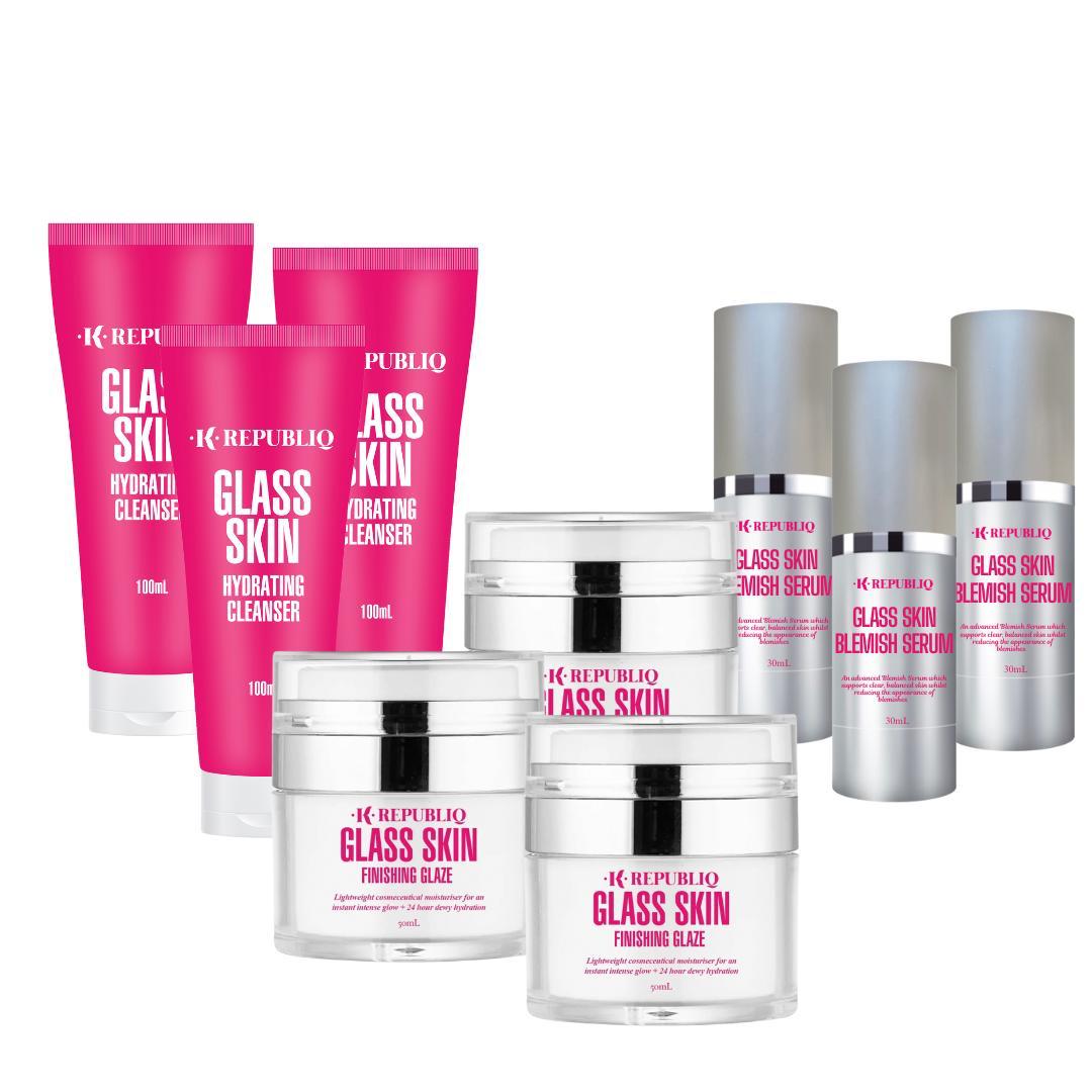 K Republiq Breakout Blemish 3-Step Kit 3-Month Set including a hydrating cleanser, blemish serum, and finishing glaze in sleek pink and white packaging.