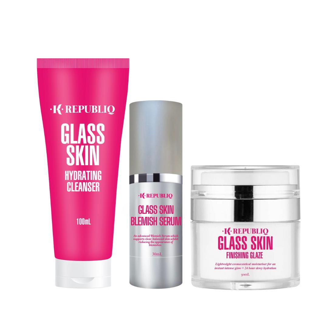 K Republiq Breakout Blemish 3-Step Kit featuring a hydrating cleanser, blemish serum, and finishing glaze in pink and white packaging.