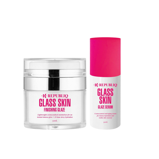 Two skincare products from K Republiq, one is a jar labeled Glass Skin Finishing Glaze and the other is a bottle labeled Glass Skin Glazing Serum.