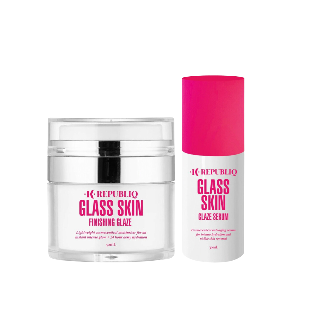Two skincare products from K Republiq, one is a jar labeled Glass Skin Finishing Glaze and the other is a bottle labeled Glass Skin Glazing Serum.
