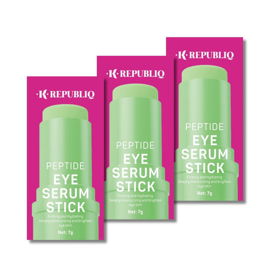 Three packages of K Republiq Peptide Eye Serum Sticks are displayed against a white background. Each package contains a green tube of serum stick, with the brand name and product description repeated on each package.
