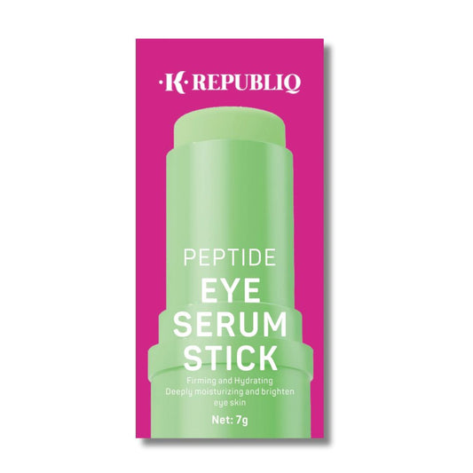 A green colored eye serum stick against a pink background, labeled 'Peptide Eye Serum Stick' with text indicating it's formulated with advanced peptides and hyaluronic acid, net weight 7g.