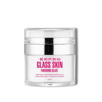 A clean jar with a silver lid containing the Glass Skin Finishing Glaze. The label has pink text and accent details.