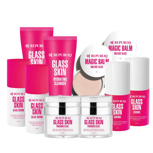 A collection of skincare products from K Republiq, including facial cleanser, magic balm, hydrating essence, glazing serum, and finishing glaze, all designed to achieve a glass skin effect.
