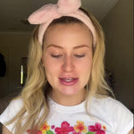 Blonde woman with pink headband and floral shirt looking down slightly, talking about K Republiq Glass Skin Finishing Glaze