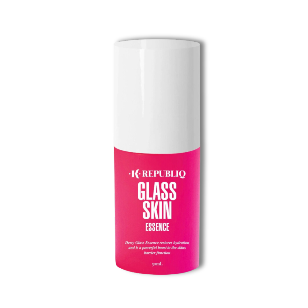 A bottle of Glass Skin Glazing Essence by K Republiq with a white and pink label, 50ml size.