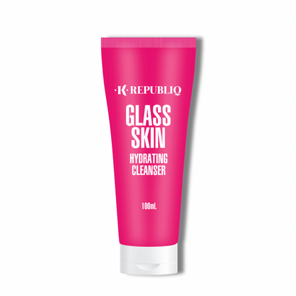 A pink tube of K Republiq Glass Skin Hydrating Cleanser, 100ml size, with white and silver text.