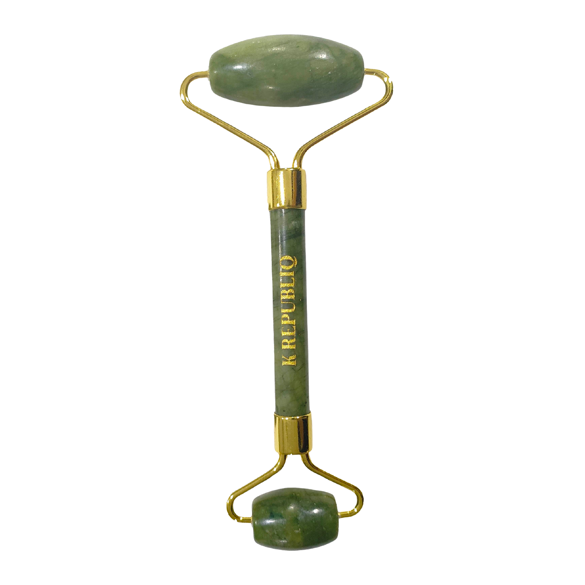 A green jade facial roller with a gold-colored metal handle.