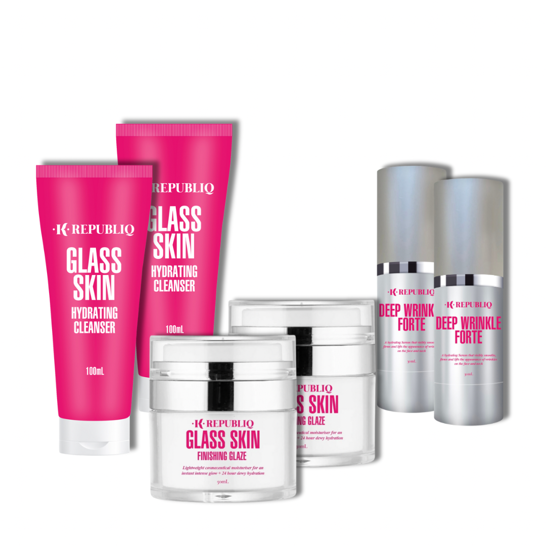 A set of K Republiq skincare products including a cleanser, serum, and glaze, with packaging in vibrant pink and white colors.