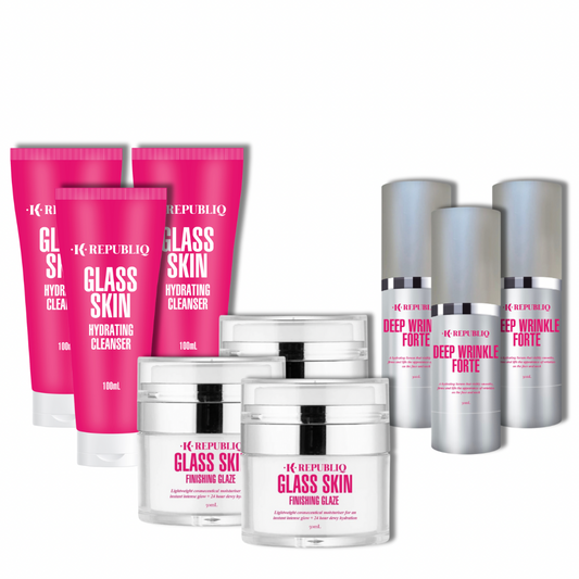 A set of skin care products from K Republic, including serums, a cleanser, and a finishing glaze, with packaging displaying the brand name and product information.