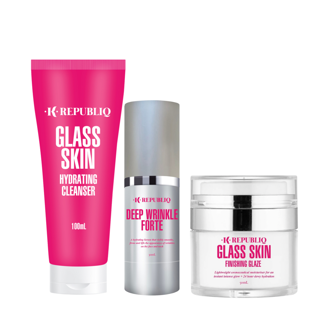 A set of three skincare products from K Republiq, including a hydrating cleanser, a deep wrinkle serum, and a glass skin finishing glaze, each packaged in brightly colored containers.