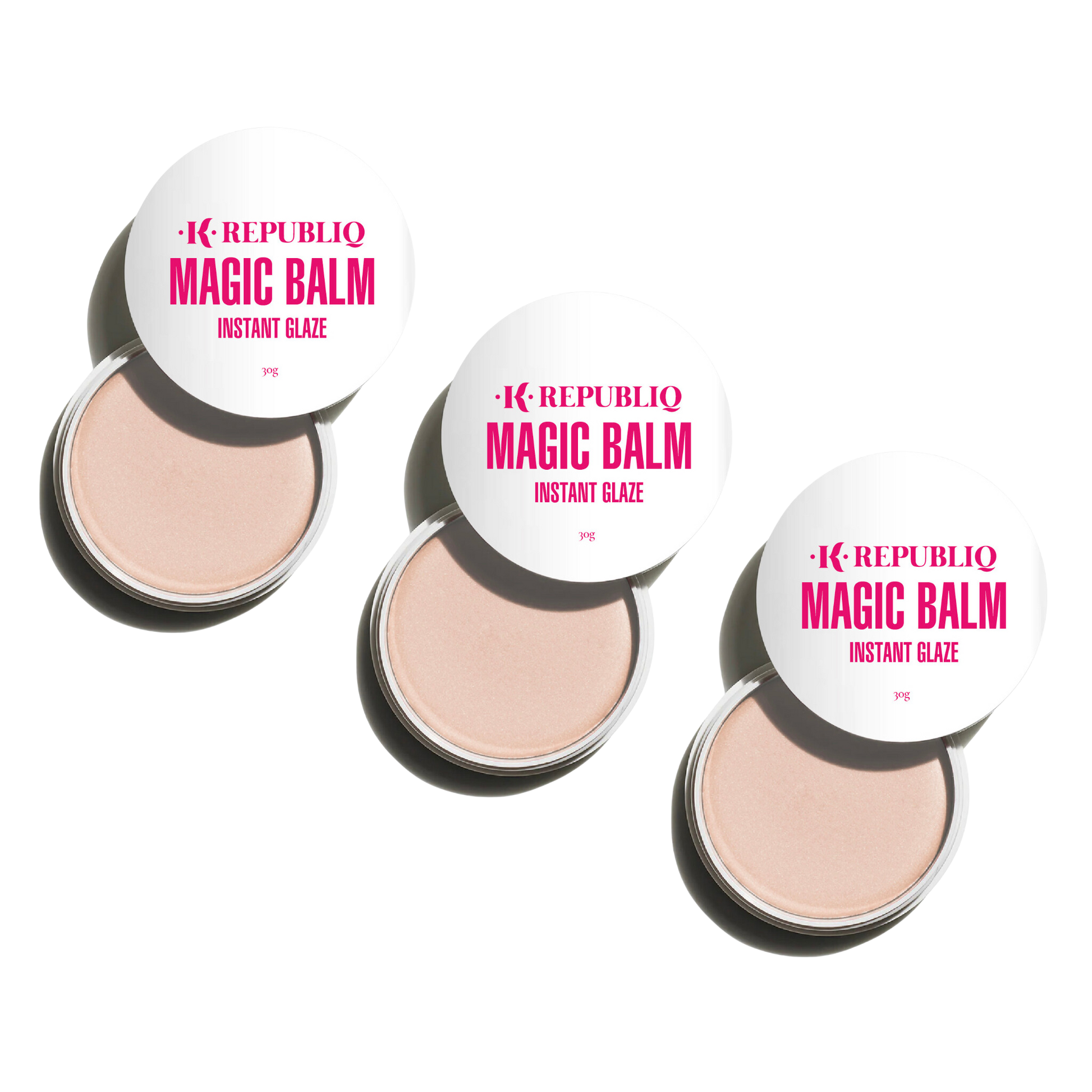 Three containers labeled 'Magic Balm' by K Republiq, arranged together.