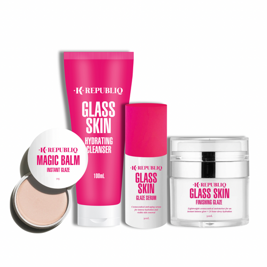 K Republiq Magic Balm Miracle Skin Routine set featuring a cream balm, hydrating cleanser, glaze serum, and finishing glaze from the Glass Skin collection, all in pink and white packaging.