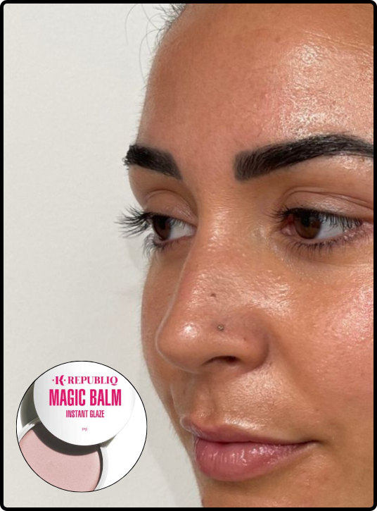 Close-up of a woman’s glowing, radiant skin after applying K Republiq Magic Balm Instant Glaze for a glass skin finish.